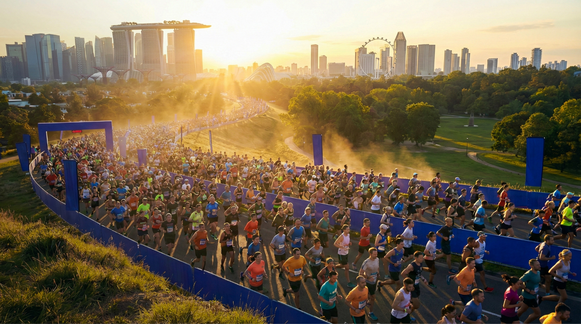Marathon runners on a city course at sunrise